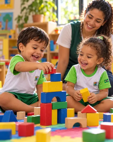 Crianças da creche brincando com blocos coloridos com a professora