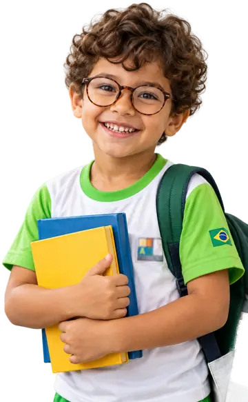 Aluno sorrindo segurando livros
