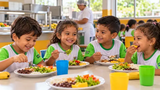 Crianças almoçando comida colorida e saudável no refeitório