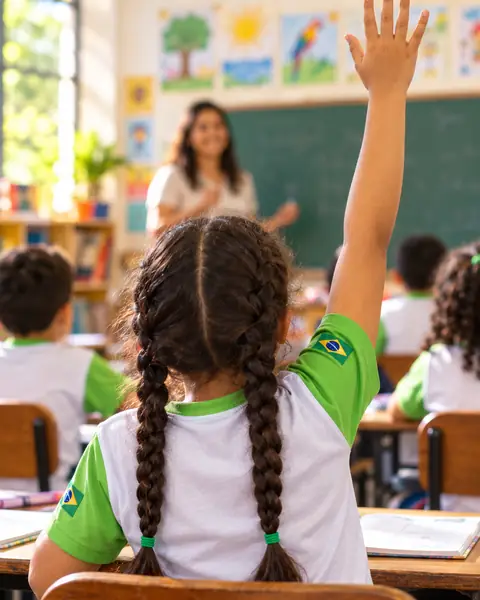 Aluna levantando a mão na sala de aula